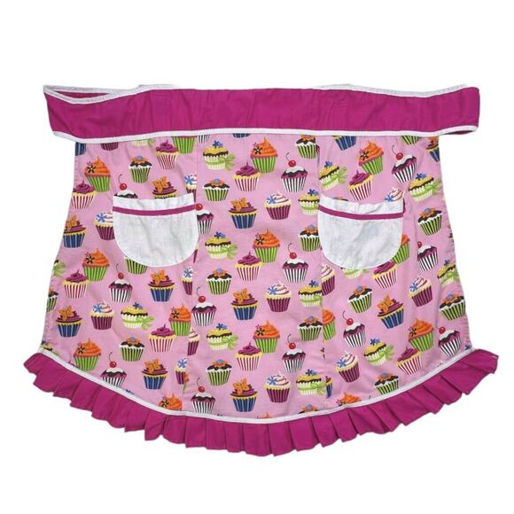 Cupcake Apron Kitchen Baking Ruffle Hem Cotton Tie Neck Waist Hot Pink OSFM - Picture 3 of 8